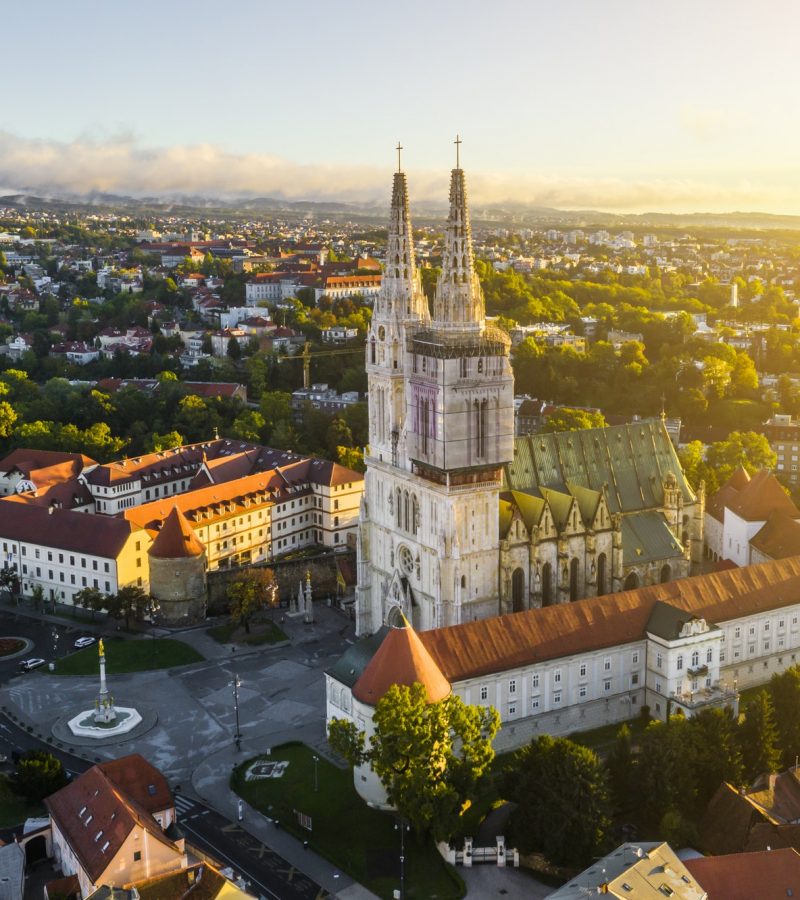 Aerial view of the Cathedral in Zagreb at sunrise. Croatia