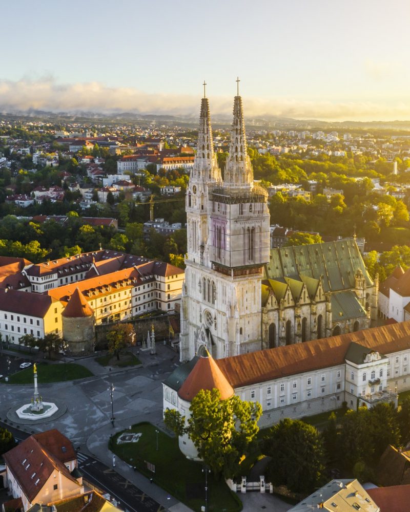 Aerial view of the Cathedral in Zagreb at sunrise. Croatia